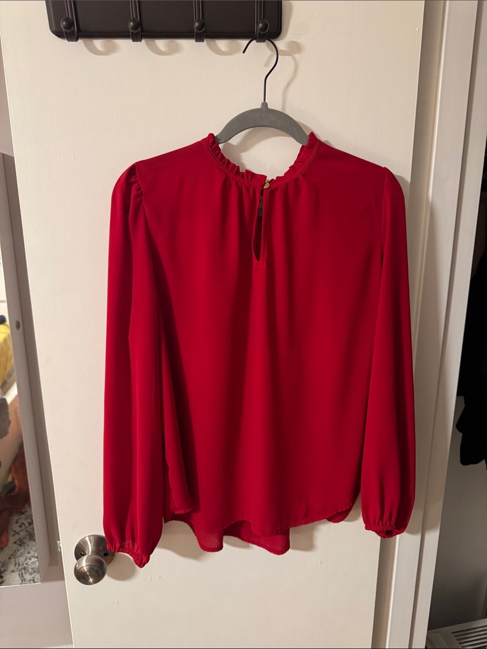 LOFT Red Ruffle-Neck Long Sleeve Blouse